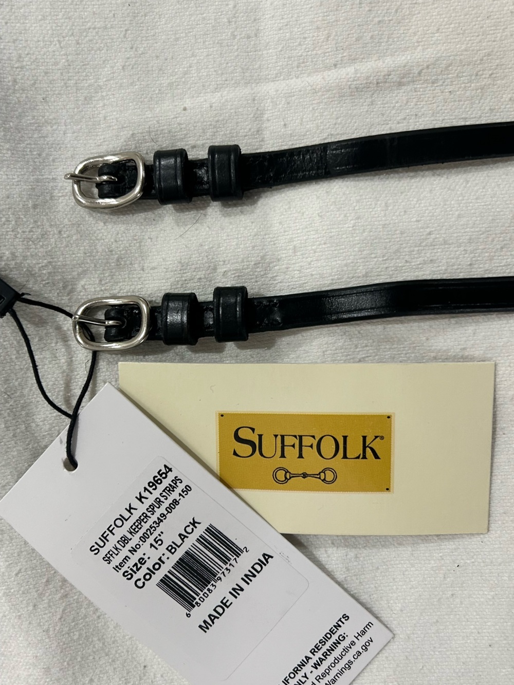 Suffolk Double Keeper Black Leather Spur Straps with Silver Buckles (Pair) 15”